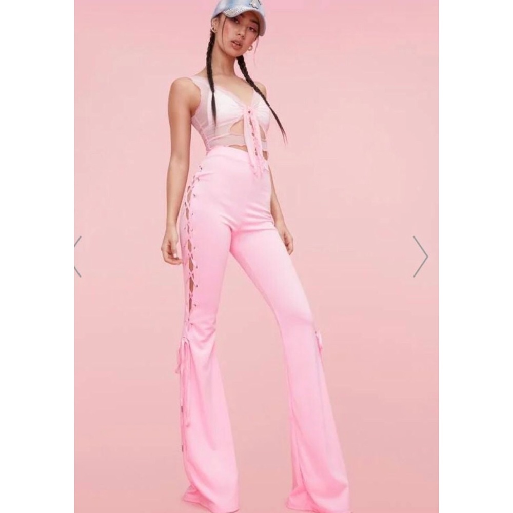 Sexy Pink Flare Side Straps Zipper Back Pants